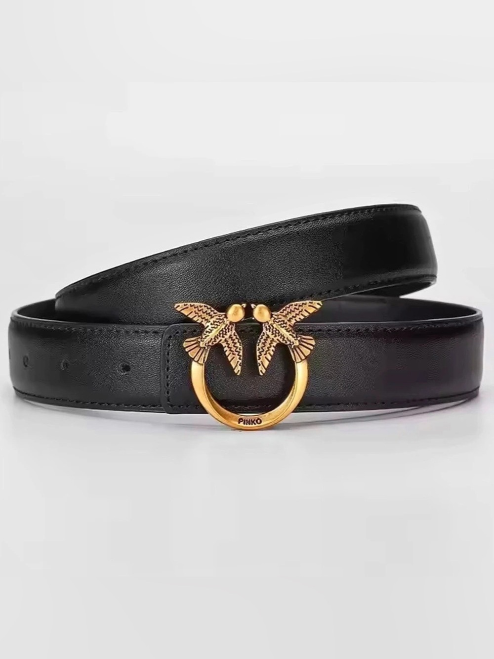 New designer inspired  Love Birds Leather Belt Black Gold-Tone Ring Buckle
